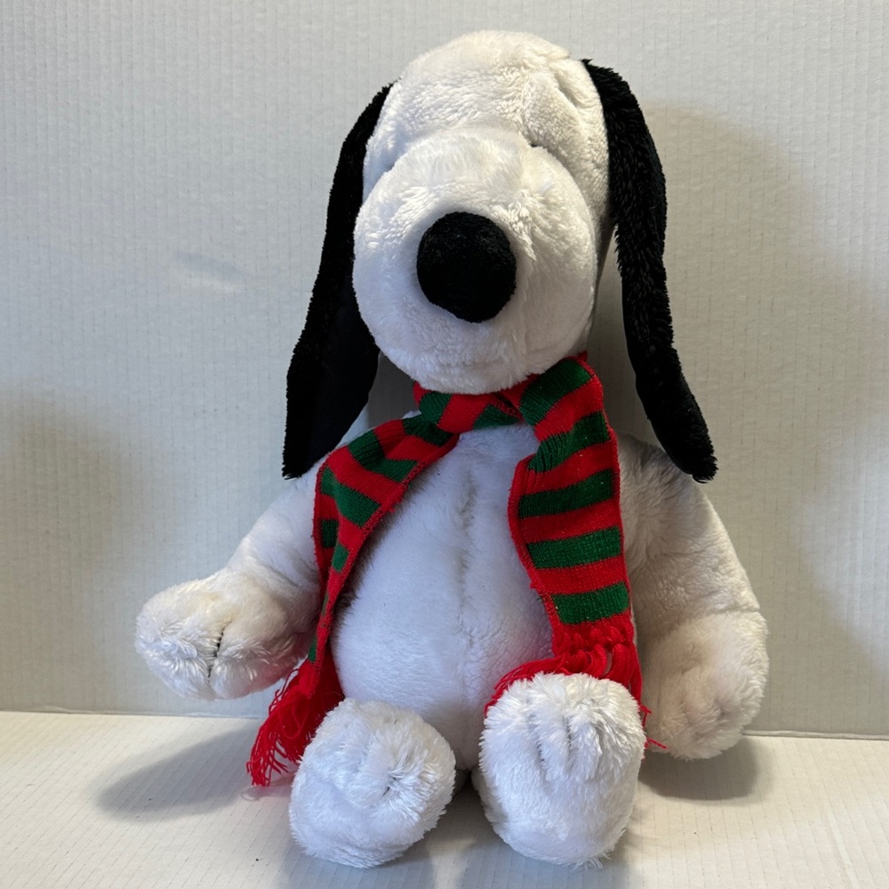 Adorable Black and White Plush Dog with Striped Scarf